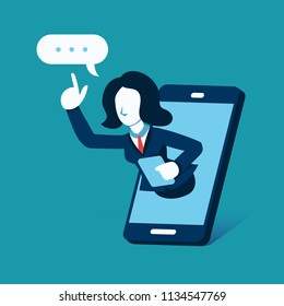 Business concept vector illustration businesswoman on screen of smartphone for design.