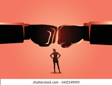 Business concept vector illustration of a businesswoman watching two giant fist clashed