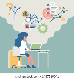 Business concept vector illustration with businesswoman at her workplace with laptop resolving business tasks in strategy, research, analysis and planning