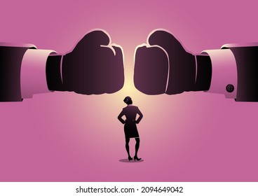 Business concept vector illustration of a businesswoman watching two giant boxing gloves clashed