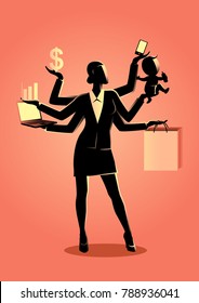 Business concept vector illustration of a businesswoman with many hands, concept for multitasking