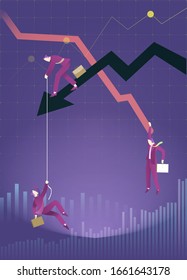 Business Concept Vector Illustration. Chart Falling Businessman And Falling Down Arrow. Crisis Graphic. Business Fail.