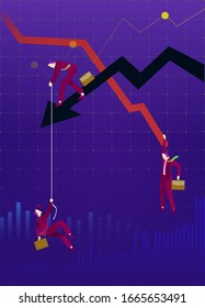 Business concept vector illustration. Chart Falling businessman and falling down arrow. Crisis graphic. Business fail.