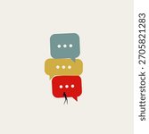 Business concept vector illustration of communication, social media and feedback. Silhouette of a woman standing beneath three large colorful speech bubbles representing opinions.