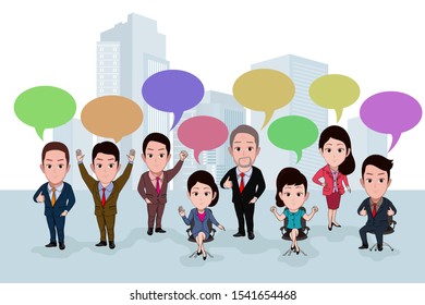 
business concept vector illustration, communication between business people with word balloons. With a city background and skyscrapers.