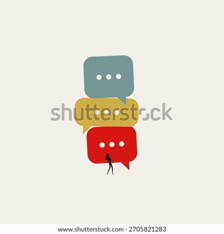 Business concept vector illustration of communication, social media and feedback. Silhouette of a woman standing beneath three large colorful speech bubbles representing opinions.