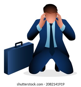 Business concept vector illustration of a depressed businessman kneeling down and squeezing his head because of the headache