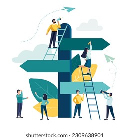 Business concept. Vector illustration, directional sign to different directions, destination, choosing directions, traveling to different places. A man shouts into a loudspeaker. Team work, work