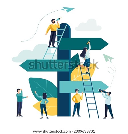 Business concept. Vector illustration, directional sign to different directions, destination, choosing directions, traveling to different places. A man shouts into a loudspeaker. Team work, work