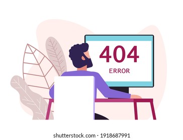 Business Concept Vector Illustration, Error 404, Disconnecting From The Internet, Unavailable, Man At The Computer
