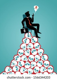 Business concept vector illustration, an evil businessman sitting on pile of skulls