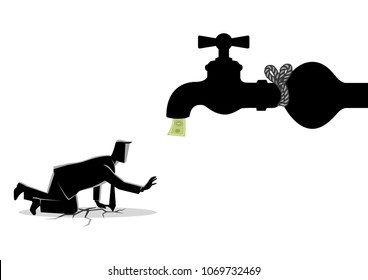 Business concept vector illustration of an exhausted businessman approaching a tied up water tap.