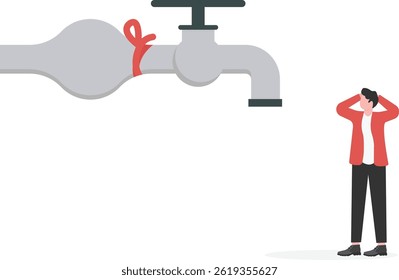 Ilustração vetorial de conceito de negócio de um empresário exausto que se aproxima de uma torneira de água amarrada flui com notas de banco

