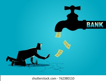 Business concept vector illustration of an exhausted businessman approaching a water tap flow with bank notes 