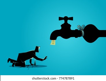 Business concept vector illustration of an exhausted businessman approaching a tied up water tap flows with bank notes 