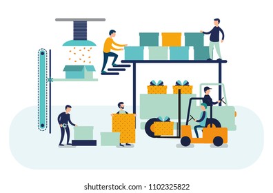 Business concept vector illustration.  Flat design business people concept. Successful team. Production of gifts. Eps 10
