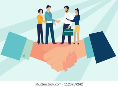 Concepto de negocio ilustración vectorial en estilo de caricatura plana, concepto de asociación, acuerdo de las partes, firma de documentos, apretón de manos 