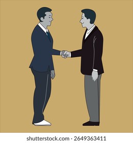 Ilustração de vetor conceito de negócios em estilo de desenho animado plano. Empresários apertando as mãos. Empresários com casaco fazendo um acordo. Conceito de investimento monetário.