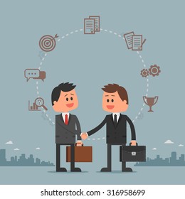 Business concept vector illustration in flat cartoon style. Business people shaking hands. Businessmen making a deal. Money investment concept. Business development cycle from idea to success.