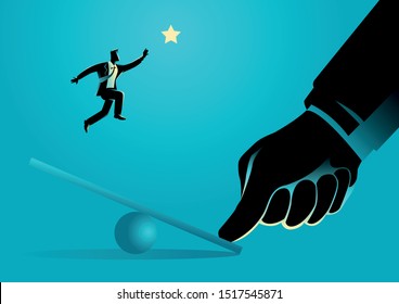 Business concept vector illustration of giant thumb helping businessman to jump on seesaw