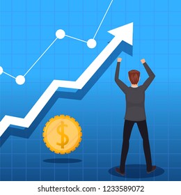 Business concept vector illustration. Growth, balance, success, business opportunities concept .A man is happy with the growth of currency on the exchange. Vector design illustration