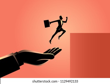 Business concept vector illustration of a hand helping a businesswoman to jump higher