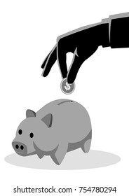 Business concept vector illustration of hand inserting a gold coin into a piggy bank