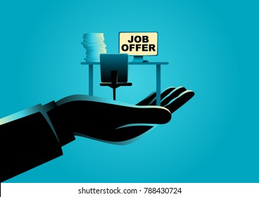 Business concept vector illustration of a hand offering an empty desk. Job vacancy, job offer concept