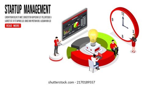 Business concept vector illustration. Isometric businessman lead and present businesspeople for training business plan and goals of startup new  Achieving goals business strategy for win
