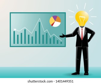 business concept vector illustration, light headed man with economic chart board
