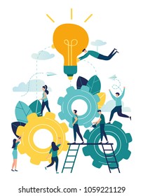 Business concept vector illustration, little people are launching a mechanism to achieve ideas, a light bulb is shining appears an idea, a symbol of creativity,  vector,mind, thinking.