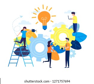 Business concept vector illustration, little people are launching a mechanism to achieve ideas, a light lamp bulb is shining, an idea appears, a symbol of creativity, mind, thinking. Flat style