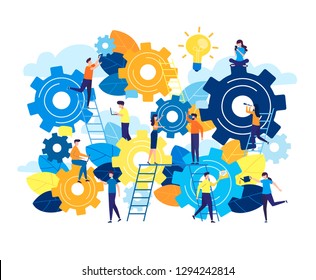 Business concept vector illustration, little people are launching a mechanism to achieve ideas, a lamp bulb is shining, an idea appears, a symbol of creativity. Gear wheel, mind, thinking. Flat style - Shutterstock ID 1294242814