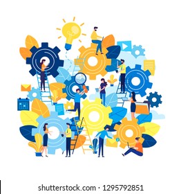 Business concept vector illustration, little people are launching a mechanism to achieve ideas, a lamp bulb is shining, an idea appears, a symbol of creativity. Gear wheel, mind, thinking. Flat style - Shutterstock ID 1295792851