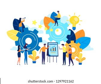 Business concept vector illustration, little people are launching a mechanism to achieve ideas, a light lamp bulb is shining, an idea appears, a symbol of creativity, mind, thinking. Flat style