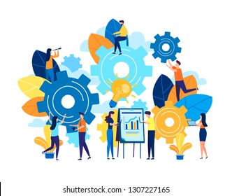 Business concept vector illustration, little people are launching a mechanism to achieve ideas, a light lamp bulb is shining, an idea appears, a symbol of creativity, mind, thinking. Flat style