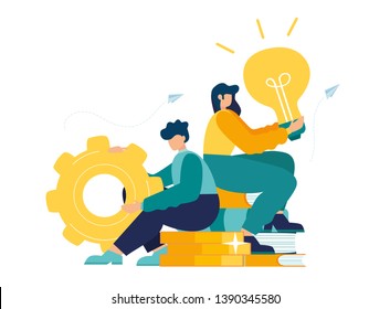 Business concept of vector illustration, little people with links of business mechanism, abstract background with gears