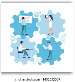 Business concept of vector illustration, little people links of mechanism, business mechanism, abstract background with gears, people are engaged in business promotion, strategy analysis