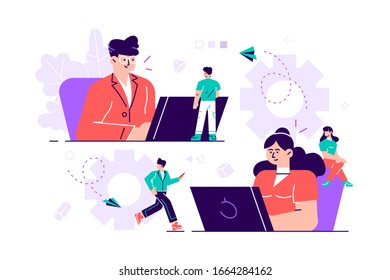 Business concept of vector illustration, little people links of mechanism, business mechanism, abstract background with gears, people are engaged in business promotion, strategy analysis,communication