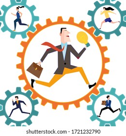 Business concept of vector illustration, little people links of mechanism, abstract background with gears. Well-coordinated work of the team, like clockwork.