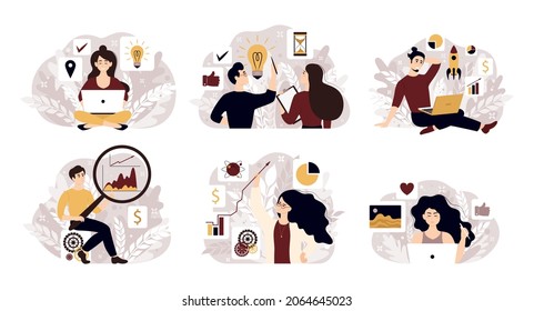 Business concept vector illustration, little people are launching a mechanism to achieve ideas. Successful business startup. People boosting, idea start and accelerating innovation development.