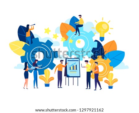 Business concept vector illustration, little people are launching a mechanism to achieve ideas, a light lamp bulb is shining, an idea appears, a symbol of creativity, mind, thinking. Flat style
