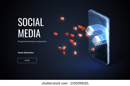 Business concept vector illustration of a magnet come out from cellular phone to attract like or heart. Concept for social media marketing strategy getting more "likes"