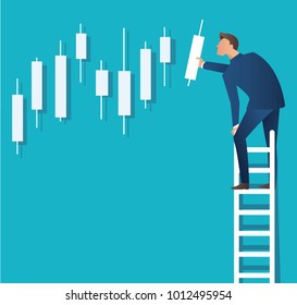 Business concept vector illustration of a man on ladder with candlestick chart background, concept of stock market