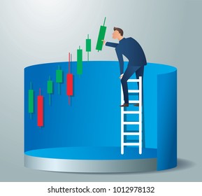 Business concept vector illustration of a man on ladder with candlestick chart background, concept of stock market