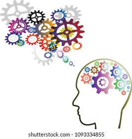 Business concept vector illustration of a man on installing gears on human head, thinking process concept