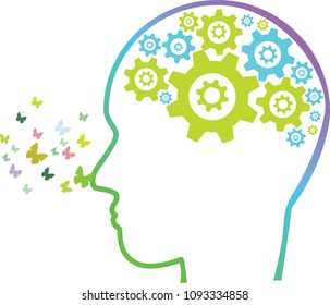 Concepto empresarial ilustración vectorial de un hombre al instalar engranajes en cabeza humana, concepto de proceso de pensamiento