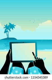 Business concept vector illustration of a man using tablet computer on tropical beach
