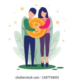 Business concept vector illustration man and woman holding a bitcoin in his hand. Man  and woman hugs a bitcoin, concept of money, investment and new business ideas.