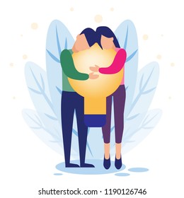 Business concept vector illustration man and woman  holding a lamp in their  hands. Man and woman hugs a lamp, concept of new ideas.